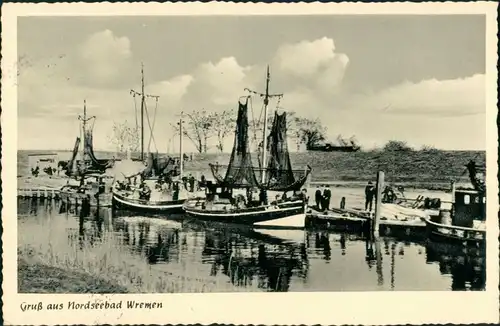 Ansichtskarte Wremen Fischerboote kehren heim 1960