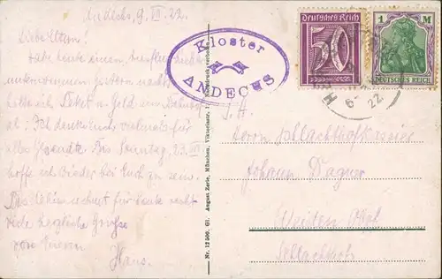 Ansichtskarte Andechs Partie am Koster (Briefmarke Ziffern) 1922