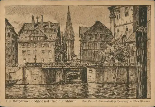 Hamburg Künstlerkarte Katharinenkirchhof Nicolaikirche / Nikolai-Kirche 1921