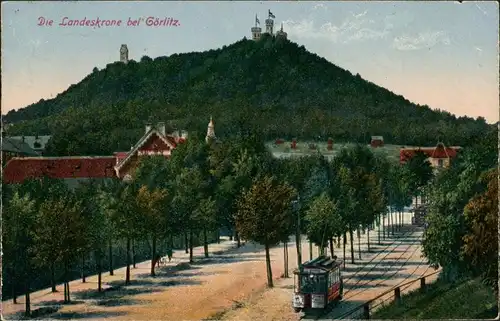 Ansichtskarte Görlitz Zgorzelec Landeskrone - Straße, Straßenbahn 1924