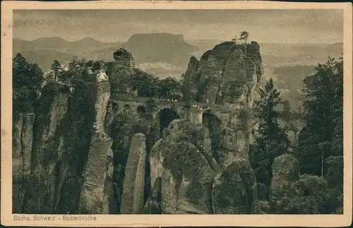 Ansichtskarte Rathen Basteibrücke - Sächsische Schweiz, Felsen 1920