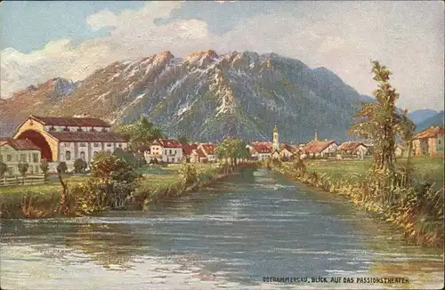 Oberammergau Passionstheater/Passionsspielhaus, Fernansicht, Fluss Partie 1910