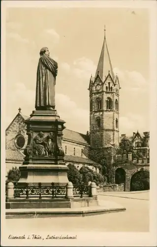 Ansichtskarte Eisenach Luther-Denkmal, Strassen Partie, Kirche 1950