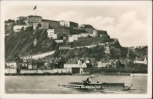 Ehrenbreitstein-Koblenz Panorama-Ansicht mit Rhein Schiff, Dampfer 1947