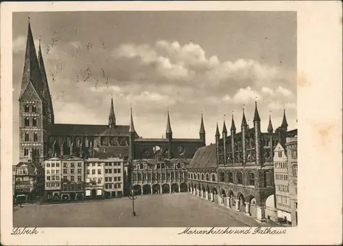 Ansichtskarte Lübeck Rathaus, Maríenkirche 1942