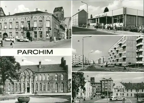 Ansichtskarte Parchim Waagestraße, Rathaus, Kaufhalle, Platz der Arbeit 1983