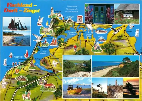 Ansichtskarte Fischland Landkarte, Strand, Boot, Leuchtturm 1995