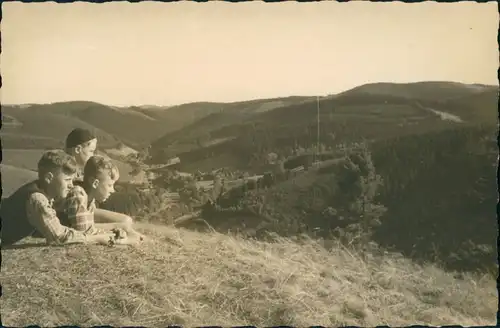 Ansichtskarte St. Andreasberg Blick ins Tal, 3 Buben auf der Alm 1934