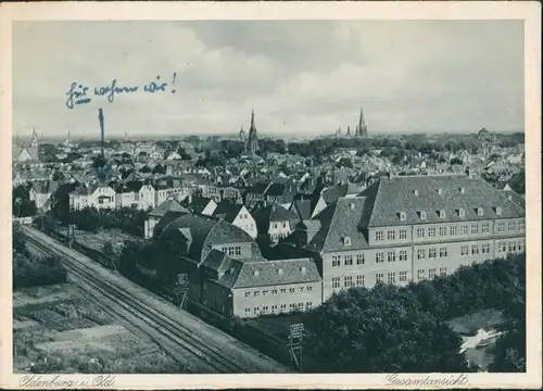 Ansichtskarte Oldenburg Blick über die Stadt Bahnstrecke 1935