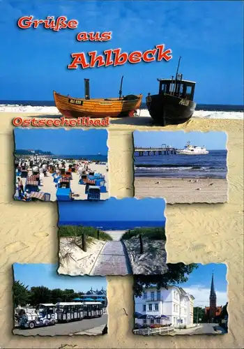 Ahlbeck (Usedom) Mehrbild-AK 5 Ansichten ua. Strand, Schiffe, Kleinbahn 2000