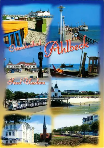 Ahlbeck (Usedom) Mehrbild-AK mit 8 color Ansichten, ua. Ostsee, Kleinbahn 2000