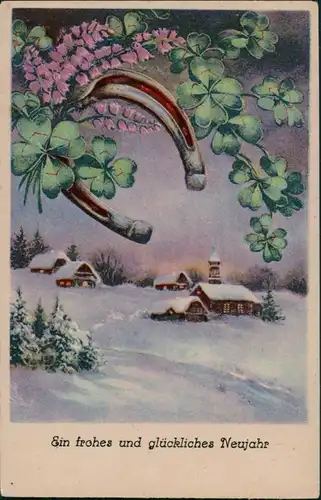 Glückssymbole Neujahr, Hufeisen, Kleeblätter, Neujahrsgruss 1920