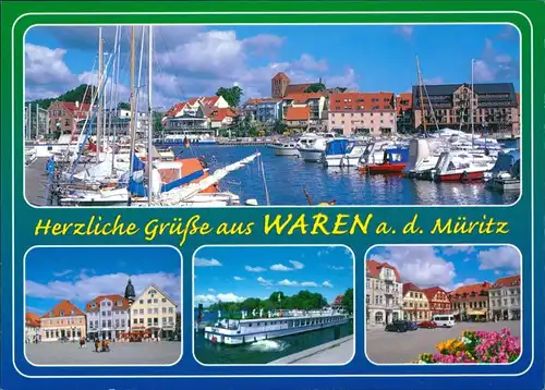 Ansichtskarte Waren (Müritz) Hafen mit Schiffe, Markt, Fähre 1995