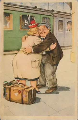 Ansichtskarte  Abschied - Scherzkarte Mann bringt Frau zur Eisenbahn 1951