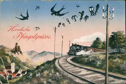 Ansichtskarte  Glückwunsch: Pfingsten, Schwalben Dampflokomotive 193