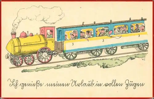 Lokomotive Scherzkarte Ich genieße meinen Urlaub in vollen Zügen 1930