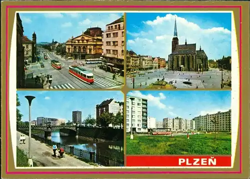 Pilsen Plzeň Třída 1. máje, Náměstí republiky, Nábřeží Radbuzy, Sídliště Bory/Straßenbahn 1980