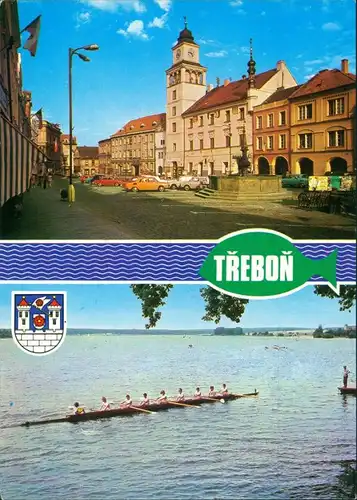 Postcard Třeboň Platz mit Autos, Achter Ruderboot 1980