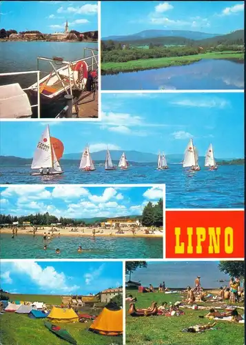 Postcard Lippen Lipno nad Vltavou Segelboote, Zeltplatz, Badegäste 1990