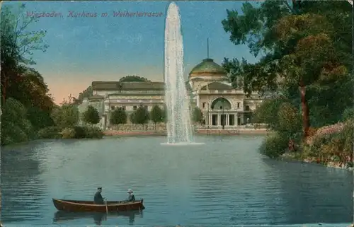 Wiesbaden Kurhaus, Weiher, Weiherterrasse, Paar im Ruderboot 1910