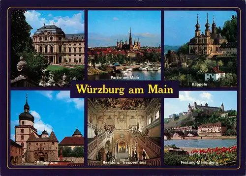 Würzburg Mehrbild-AK ua. Kiliansturm, Festung Marienberg, Residenz uvm. 1990