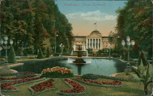 Wiesbaden Kurhaus, Park, Springbrunnen, Blumen Beete, Teich 1921