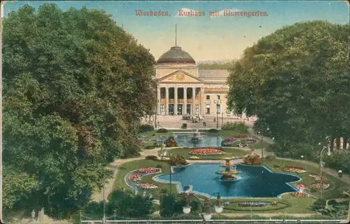 Wiesbaden Kurhaus mit Blumengarten, Park, Teich, Springbrunnen 1910
