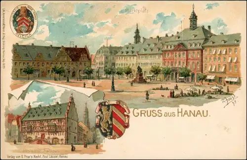 Ansichtskarte Litho AK Hanau Marktplatz, Heraldik - Künstlerkarte 1900