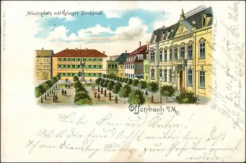 Litho AK Offenbach (Main) Alicenplatz mit Krieger-Denkmal, Ehrenmal 1900