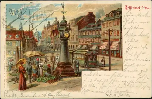 Litho AK Offenbach (Main) Markttreiben, Uhr, Straßenbahn - Straße 1902