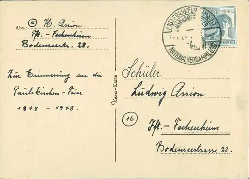 Frankfurt am Main Jahrhundertfeier Nationalversammlung Bizone Sonderstempel 1948