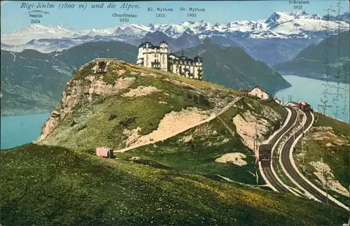 Arth SZ Rigi Kulm Panorama mit Bergbahn, Namen der Alpen Berge 1910