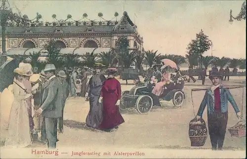 Hamburg Jungfernstieg mit Alsterpavillon, Oldtimer und Menschen 1901/1973 REPRO