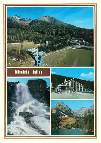 Postcard .Slowakei Športový areál, Vodopád Skok, Hotel FIS 1990
