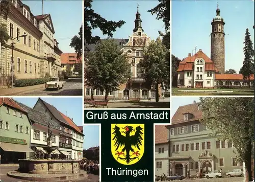 Ansichtskarte Arnstadt Neues Palais, Rathaus, Neideckturm, Hopfenbrunnen 1989