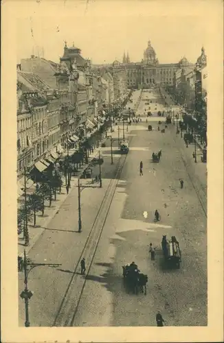 Prag Praha Wenzelplatz/Václavské náměstí, Tram Straßenbahn, Pferde Fuhrwerk 1910