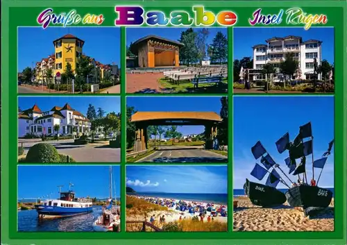 Ansichtskarte Baabe Strand, Hotel, Konzertplatz, Boote, Hafen 2000