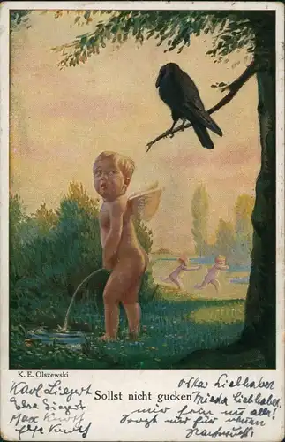 "Sollst nicht gucken" Künstler K.E. Olszewski, Junge beim Pinkeln 1922