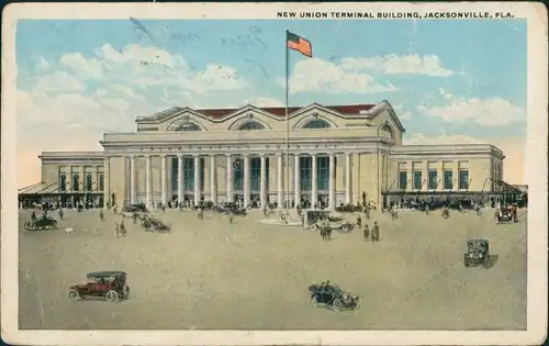 Jacksonville (FL) New Union Terminal Building, Street View with Cars 1920