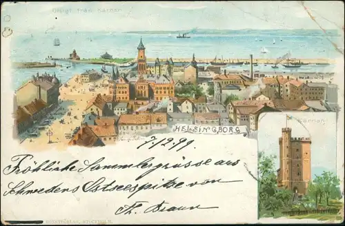 Postcard Litho AK Helsingborg Hälsingborg 2 Bild: Stadt und Turm 1899