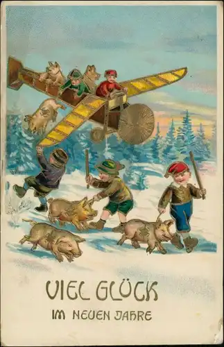 Ansichtskarte  Goldrand, Neujahr Flugzeug Schweine Kinder 1913 Goldrand