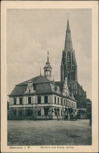 Ansichtskarte Demmin Straße Rathaus - Kirche 1928