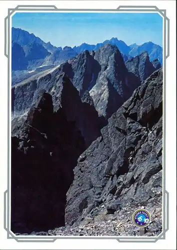 Vysoké Tatry Zbojnícka veža, Ostrý štít, Javorový a Malý Javorový štít, v pozadí Zadný Gerlach, Vysoká, Kriváň a Rysy 1985