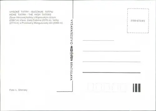 Postcard .Slowakei Záver Hincovej kotliny s kôprovským štítom 1985