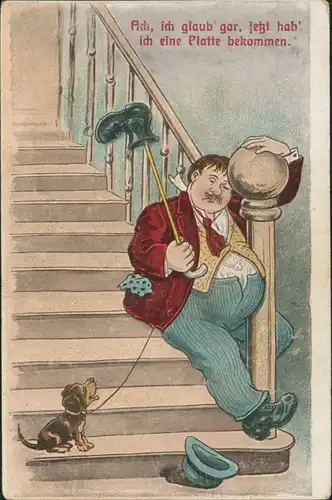 Scherzkarte Humor Mann rutscht Treppe runter, Hund amüsiert 1910