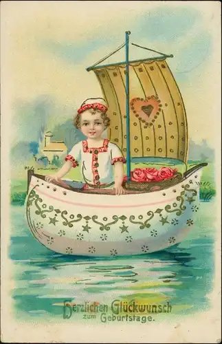 Ansichtskarte  Schiff Mädchen Geburtstag - Goldrand Prägekarte 1911 Goldrand