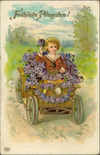 Ansichtskarte  Blumen-Auto, Mädchen Goldrand Prägekarte 1911 Goldrand