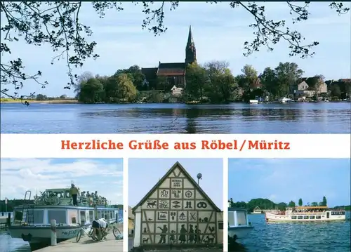 Ansichtskarte Röbel/Müritz Kirche, Müritz, Fähre, Fachwerkhaus 2000