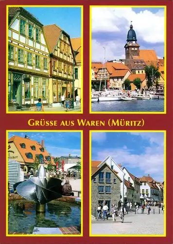 Ansichtskarte Waren (Müritz) Fachwerkhäuser, Hafen, Kirche, Brunnen 2000