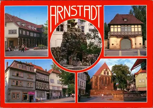 Ansichtskarte Arnstadt Kirche, Geschäfte, Brunnen 1995